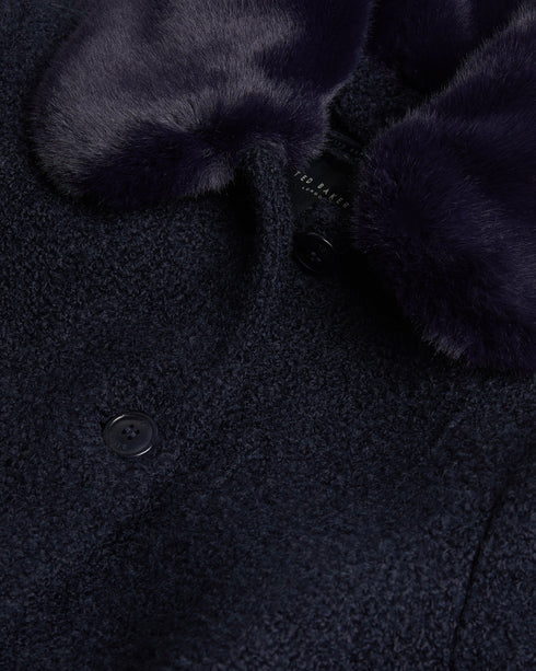 LYDDIIA-Outerwear-Introducing the ultimate cosy coat. LYDDIIA is your stylish shield against the elements. Slip into the regular fit adorned with faux fur cuffs and collar for an extra touch of glam. The button fastening and belted waist create a chic silhouette, while pockets keep your hands toasty. Longline coat Regular fit Faux fur cuffs and collar Button fastening Belted waist Pockets Jara is 5'10.5" / 1.79m and wears Dark Blue in a Ted size 1- Ted Baker Romania